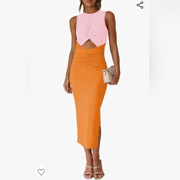 Viral Pink and Orange Color Block Twist Front Knit High Slit Dress - Picture 2 of 5
